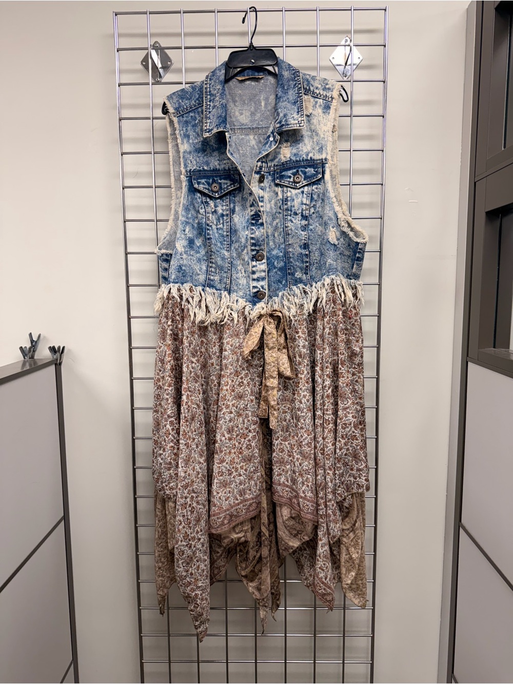 Rustic Raggs Boho Denim Vest Dress with Brown Floral Handkerchief Skirt-OOAK